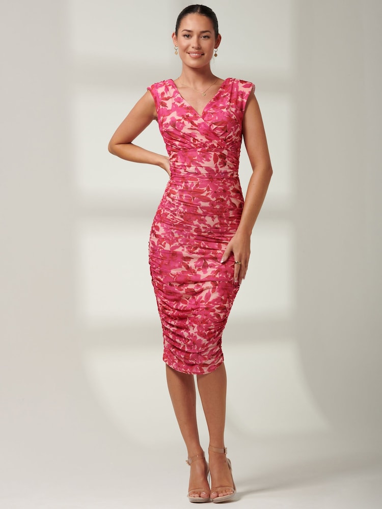 Jolie Moi Pink Pamela Ruched Mesh Bodycon Dress - Image 1 of 6