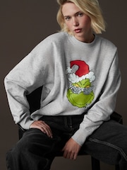 Grey/Lime Green Cool Christmas Grinch Official License Novelty Sequin Front Graphic Crew Neck Sweatshirt - Image 1 of 9