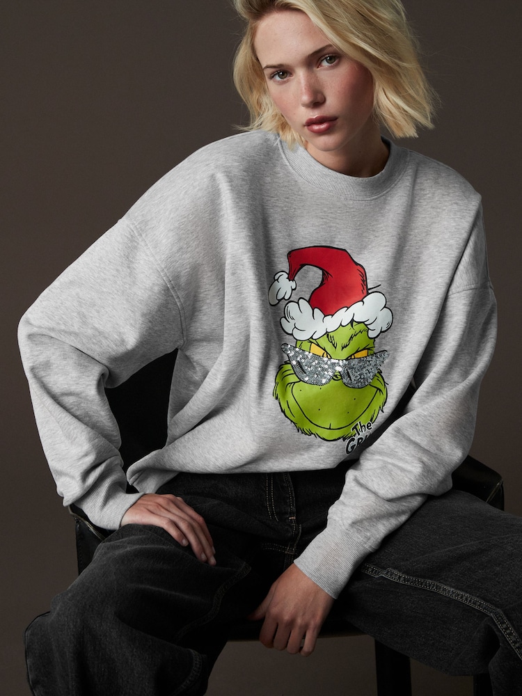 Grey/Lime Green Cool Christmas Grinch Official License Novelty Sequin Front Graphic Crew Neck Sweatshirt - Image 1 of 9