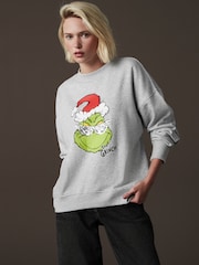 Grey/Lime Green Cool Christmas Grinch Official License Novelty Sequin Front Graphic Crew Neck Sweatshirt - Image 3 of 9