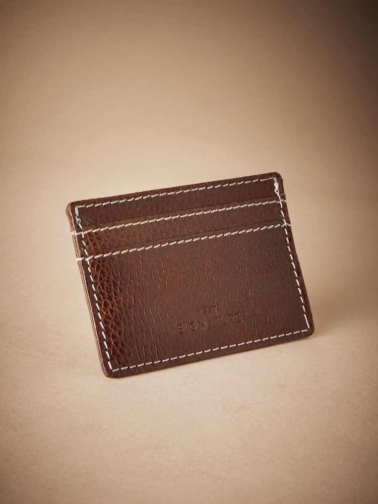Tan Brown Signature Contrast Stitch Leather Card Holder - Image 1 of 3