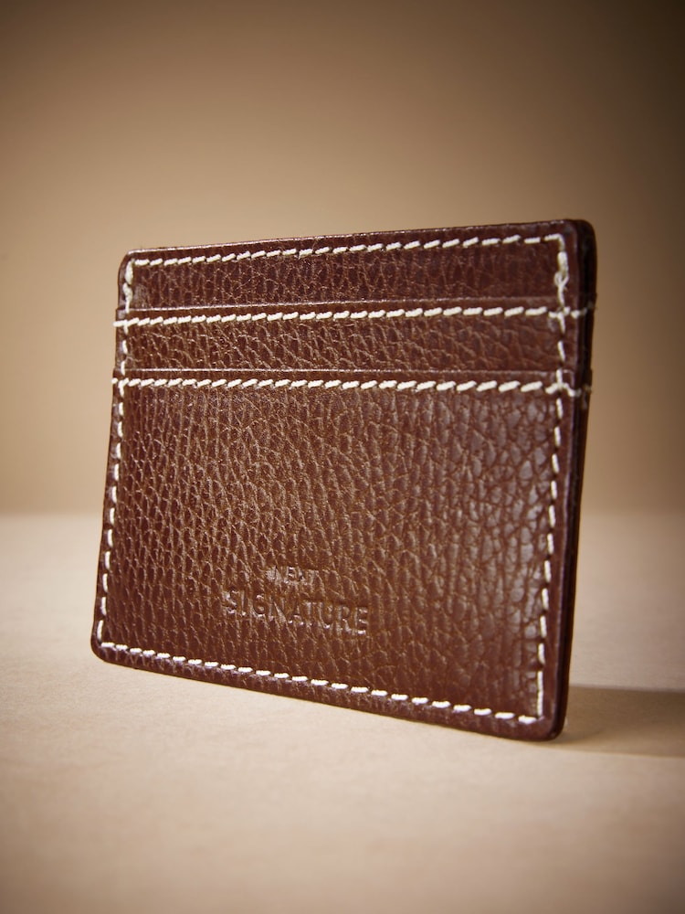 Tan Brown Signature Contrast Stitch Leather Card Holder - Image 3 of 3