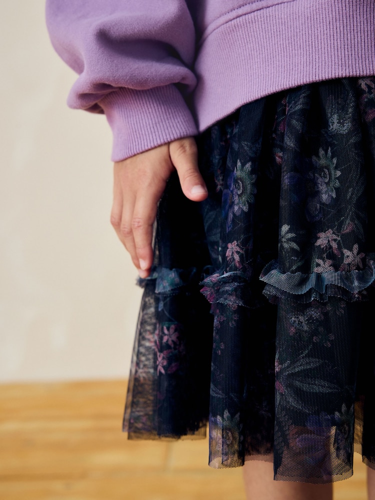 Lilac Purple/Black Floral Print 2-in-1 Long Sleeve Sweat Dress with Mesh Skirt (3-14yrs) - Image 4 of 4 Lilac Purple/Black Floral Print 2-in-1 Long Sleeve Sweat Dress with Mesh Skirt (3-14yrs) - Image 4 of 4