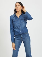 VILA Dark Blue Pocket Detail Lightweight Denim Shirt - Image 1 of 10