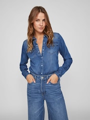 VILA Dark Blue Pocket Detail Lightweight Denim Shirt - Image 4 of 10