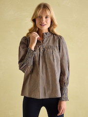 Joules Mariella Navy Stripe Cotton Frill Neck Blouse - Image 1 of 7