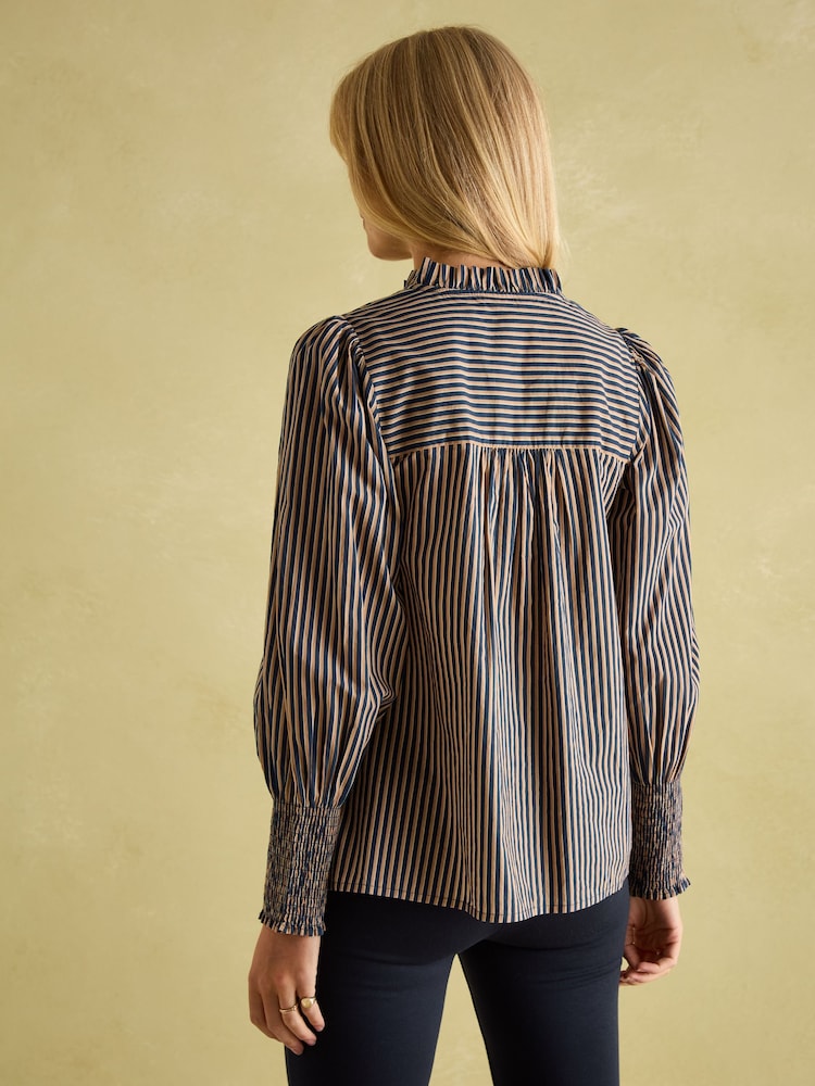 Joules Mariella Navy Stripe Cotton Frill Neck Blouse - Image 2 of 7