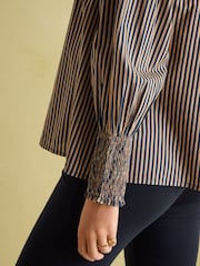 Joules Mariella Navy Stripe Cotton Frill Neck Blouse - Image 4 of 7