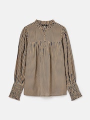 Joules Mariella Navy Stripe Cotton Frill Neck Blouse - Image 7 of 7
