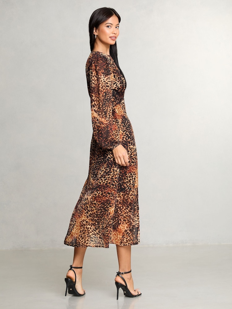 Lipsy Animal Printed Woven Long Sleeve Underbust Midi Dress - Image 2 of 4 Lipsy Animal Printed Woven Long Sleeve Underbust Midi Dress - Image 2 of 4
