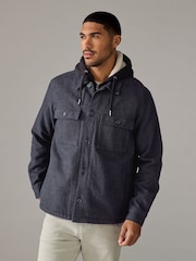 Navy Blue Hooded Borg Lined Textured Shacket - Image 1 of 10