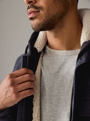 Navy Blue Hooded Borg Lined Textured Shacket - Image 4 of 10