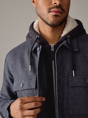 Navy Blue Hooded Borg Lined Textured Shacket - Image 5 of 10