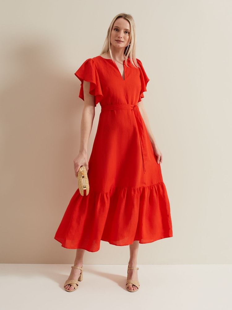 Phase Eight Red Morgan Linen Midi Dress - Image 2 of 7