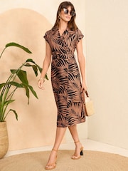 Love & Roses Brown Palm Petite Double Breasted Shirt Midi Dress - Image 1 of 4