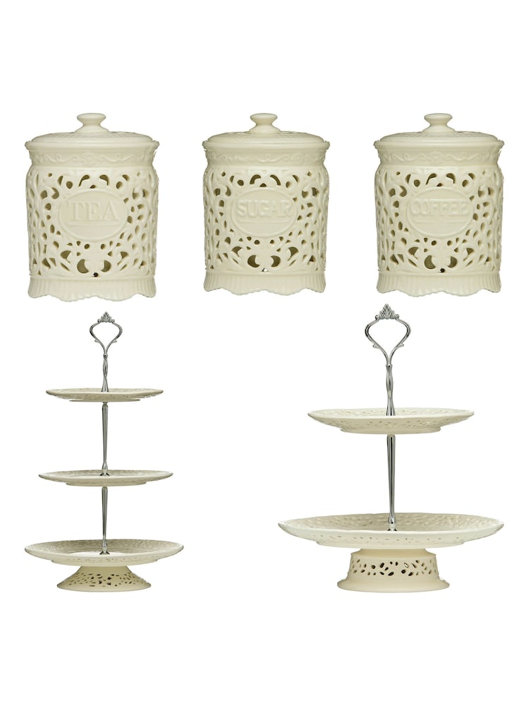 Maison by Premier Cream 3 Tier Ceramic Lace Cake Plate - Image 4 of 4