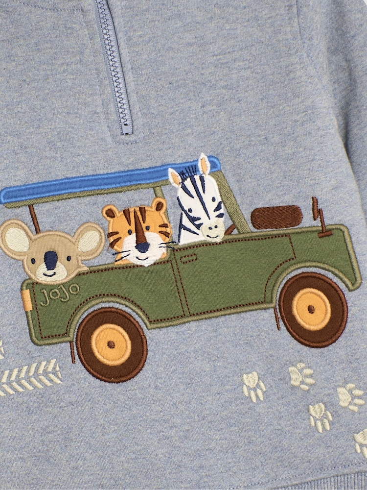 JoJo Maman Bébé Blue Safari Jeep Appliqué Half Zip Sweatshirt - Image 3 of 3