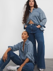 Simply Be Blue Bleach Wash 00s Wide Leg Jeans - Image 1 of 4