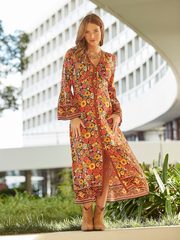 Joe Browns Orange Retro Floral Flared Maxi Dress - Image 1 of 7