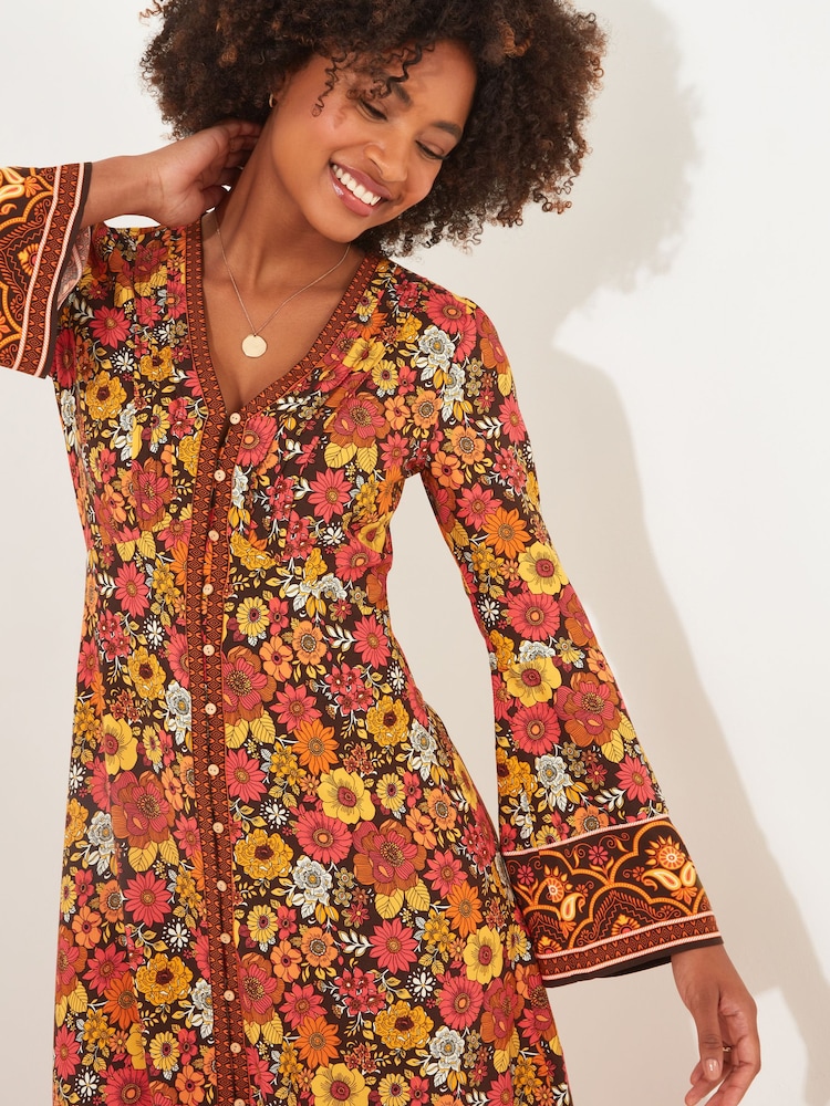 Joe Browns Orange Retro Floral Flared Maxi Dress - Image 5 of 7