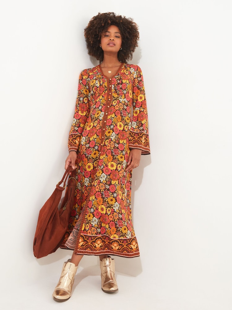 Joe Browns Orange Retro Floral Flared Maxi Dress - Image 6 of 7