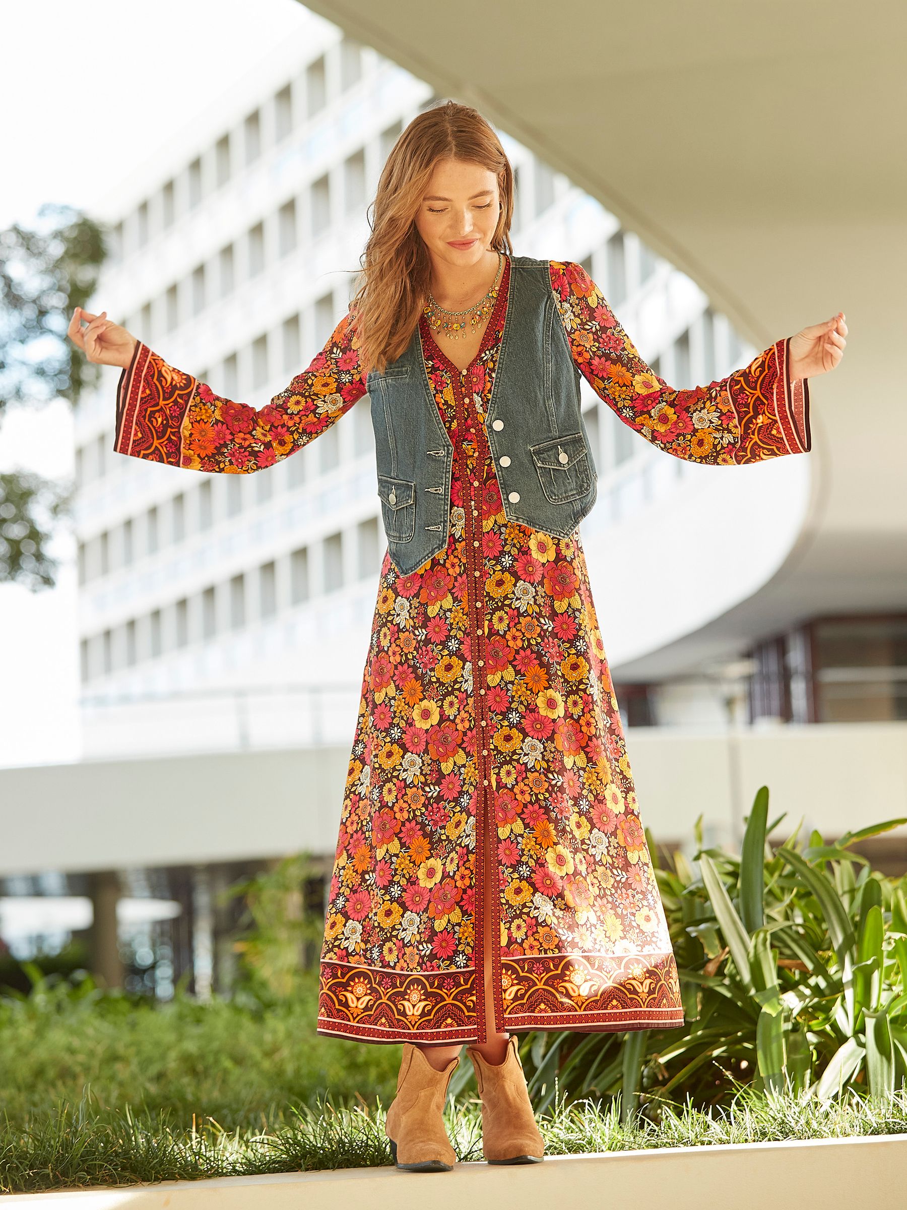 Joe Browns Orange Retro Floral Flared Maxi Dress - Image 7 of 7