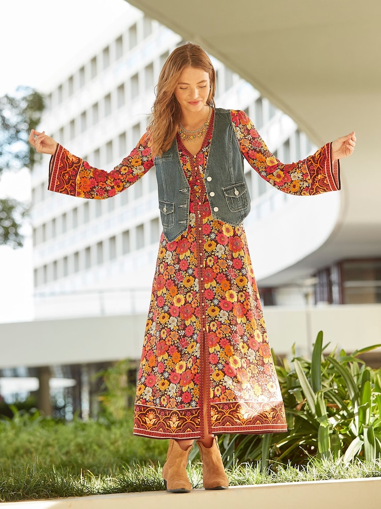 Joe Browns Orange Retro Floral Flared Maxi Dress - Image 7 of 7