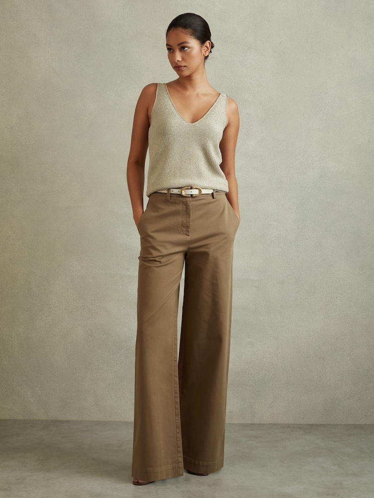 Reiss Dark Camel Eva Petite Cotton Blend Wide Leg Trousers - Image 1 of 7