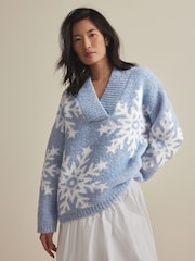 Blue Snowflake Boucle Knitted Christmas Jumper - Image 3 of 8