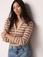 Green/Ecru Stripe Long Sleeve Double Collar Henley Top - Image 1 of 6