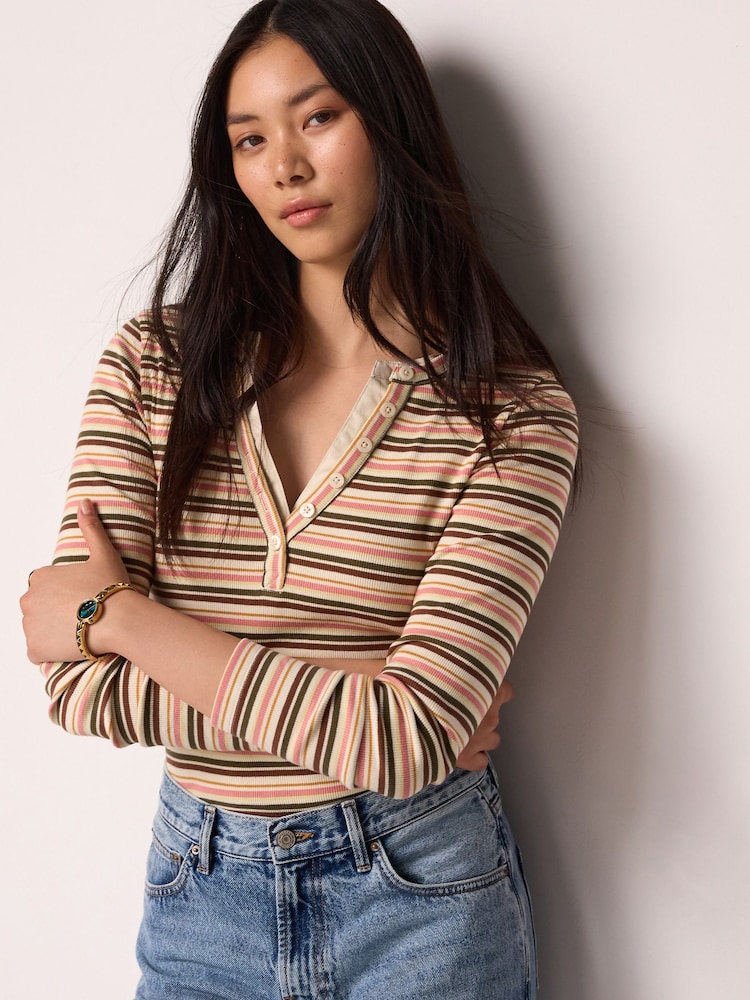Green/Ecru Stripe Long Sleeve Double Collar Henley Top - Image 1 of 6