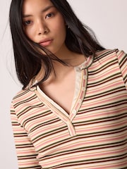 Green/Ecru Stripe Long Sleeve Double Collar Henley Top - Image 2 of 6