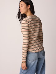 Green/Ecru Stripe Long Sleeve Double Collar Henley Top - Image 3 of 6