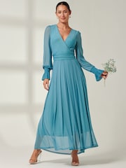 Jolie Moi Blue Greta Long Sleeve Mesh Maxi Dress - Image 1 of 6