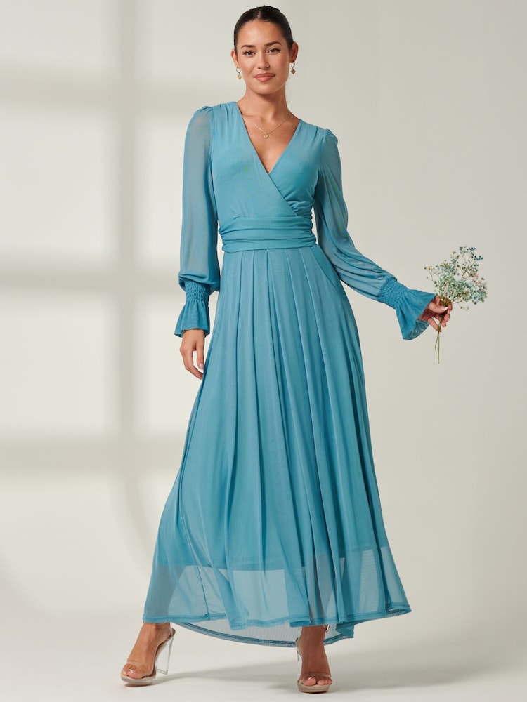 Jolie Moi Blue Greta Long Sleeve Mesh Maxi Dress - Image 1 of 6