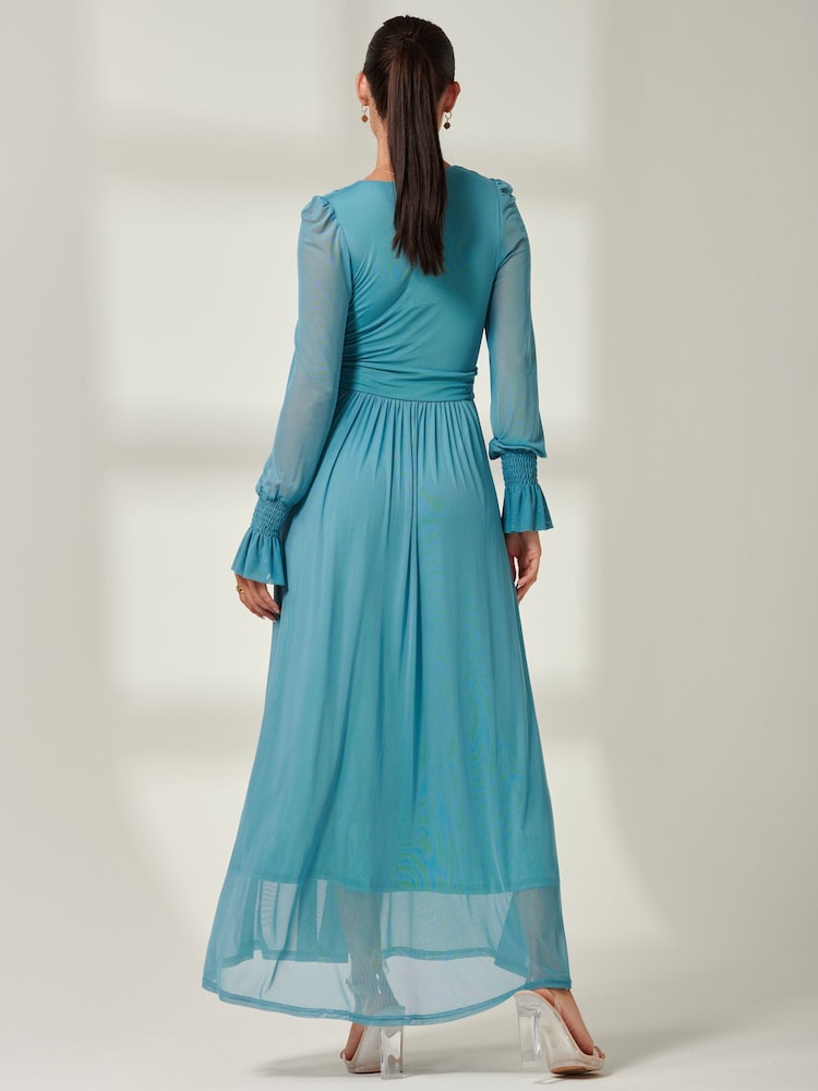 Jolie Moi Blue Greta Long Sleeve Mesh Maxi Dress - Image 2 of 6