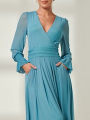 Jolie Moi Blue Greta Long Sleeve Mesh Maxi Dress - Image 3 of 6