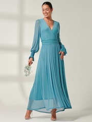 Jolie Moi Blue Greta Long Sleeve Mesh Maxi Dress - Image 4 of 6