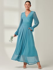 Jolie Moi Blue Greta Long Sleeve Mesh Maxi Dress - Image 5 of 6