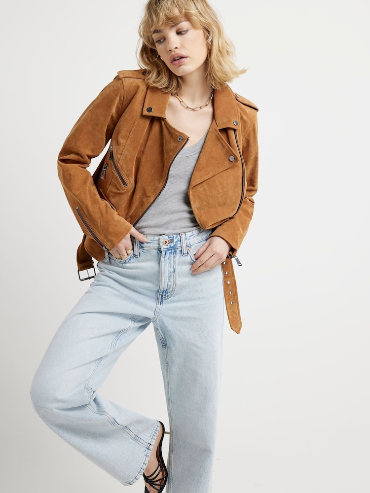 River Island Brown Suede Zip Biker Jacket - Image 1 of 4
