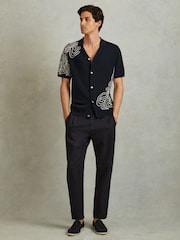 Reiss Navy Romance Jersey Embroidered Cuban Collar Shirt - Image 1 of 5