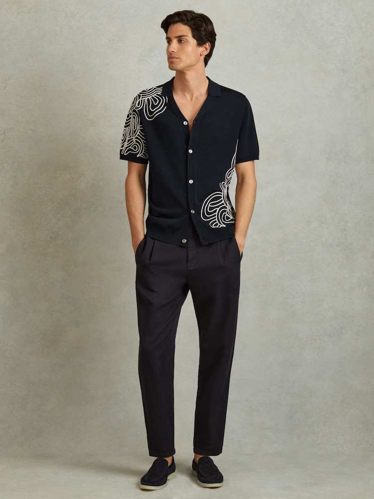 Reiss Navy Romance Jersey Embroidered Cuban Collar Shirt - Image 1 of 5