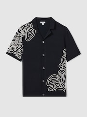 Reiss Navy Romance Jersey Embroidered Cuban Collar Shirt - Image 2 of 5