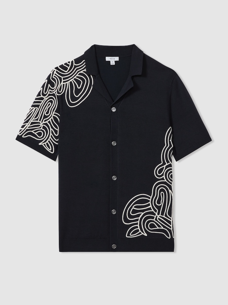 Reiss Navy Romance Jersey Embroidered Cuban Collar Shirt - Image 2 of 5