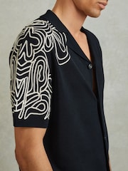 Reiss Navy Romance Jersey Embroidered Cuban Collar Shirt - Image 3 of 5