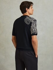Reiss Navy Romance Jersey Embroidered Cuban Collar Shirt - Image 4 of 5