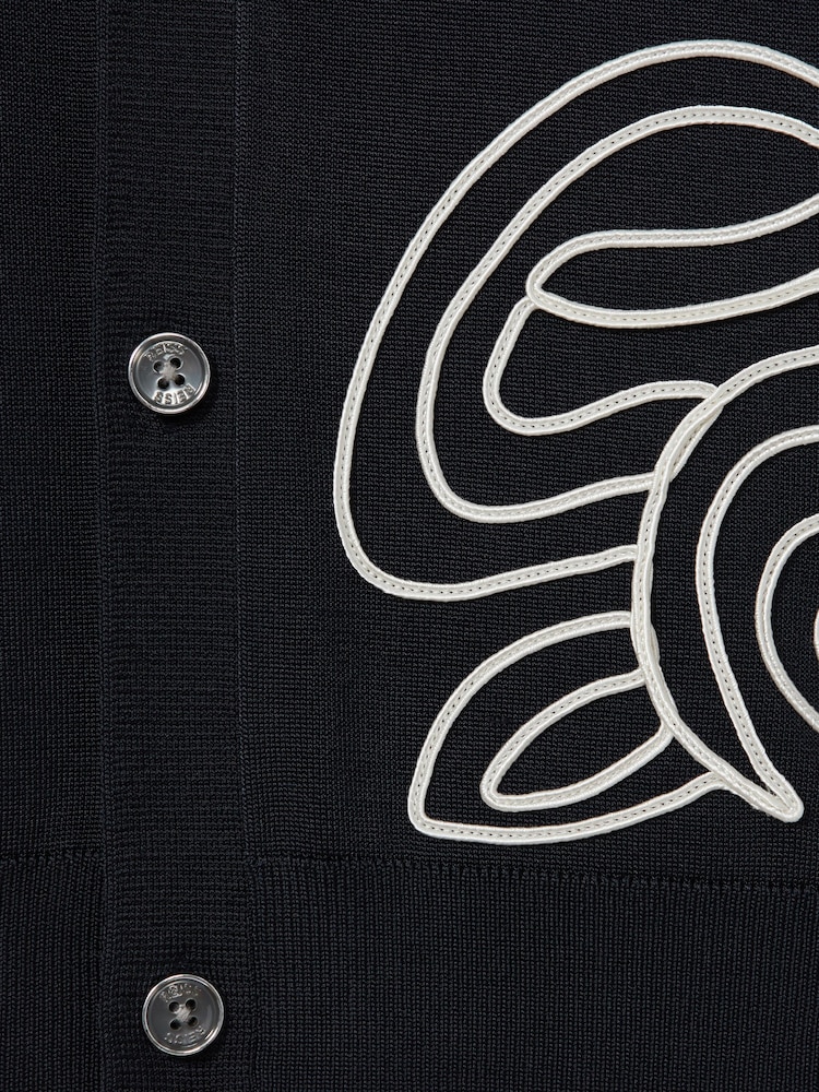 Reiss Navy Romance Jersey Embroidered Cuban Collar Shirt - Image 5 of 5