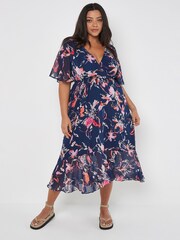 Apricot Blue Abstract Floral Faux Wrap Dress - Image 1 of 4