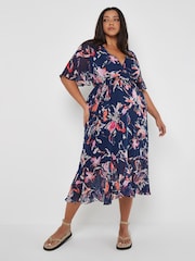 Apricot Blue Abstract Floral Faux Wrap Dress - Image 2 of 4