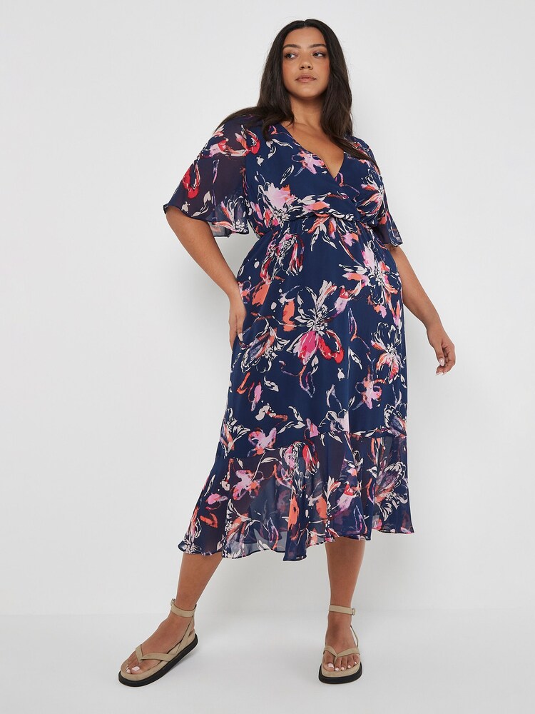 Apricot Blue Abstract Floral Faux Wrap Dress - Image 2 of 4